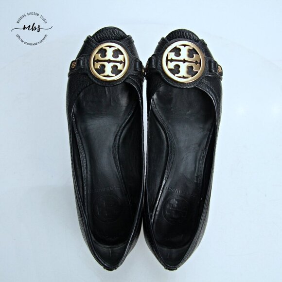 Tory Burch Letitia Leather Peep Toe Wedge Black Gold Women 6.5 - Picture 9 of 13